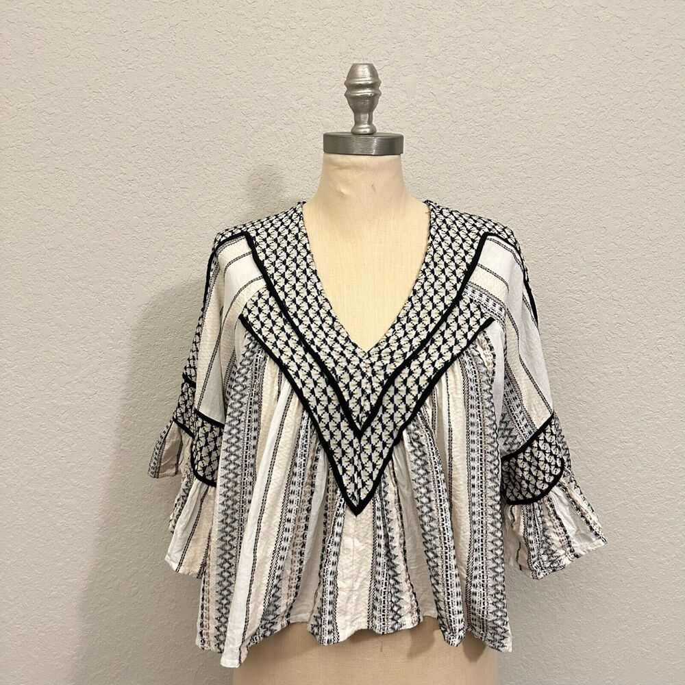 FREE PEOPLE Running On A Dream Top Womens S Multicolor Bell Sleeve Boho Peasant